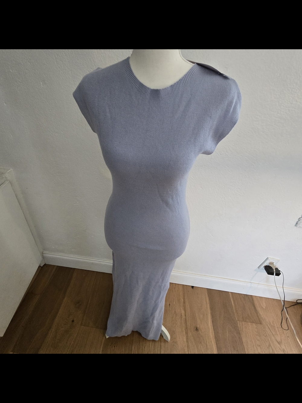 New Blue Ribbed Cap-Sleeve Maxi Dress